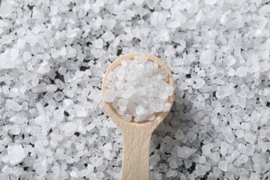 Natural salt and wooden spoon, top view