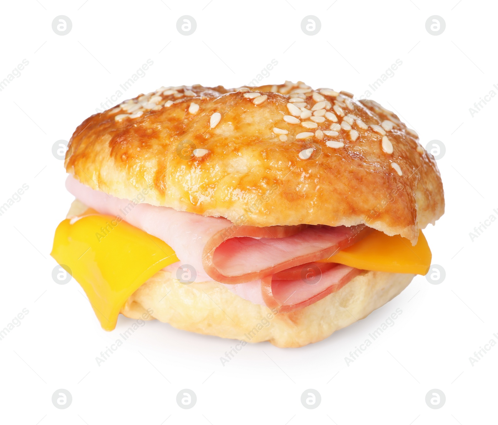 Delicious bagel with ham and cheese isolated on white Photo of Delicious bagel with ham and cheese isolated on white