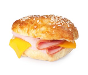 Photo of Delicious bagel with ham and cheese isolated on white