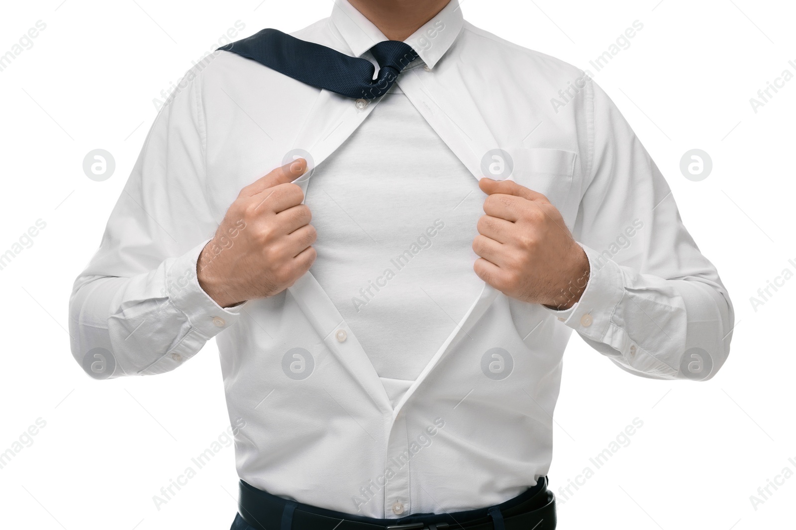 Photo of Businessman wearing superhero costume under suit on white background, closeup