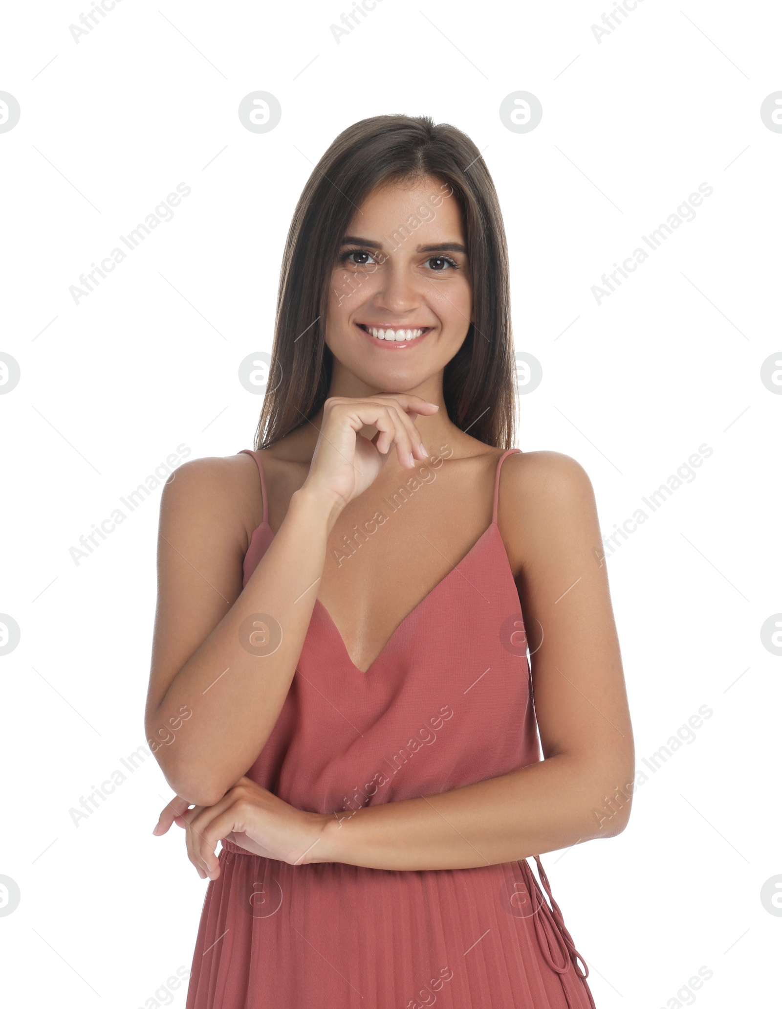 Photo of Young woman wearing stylish pale pink dress on white background