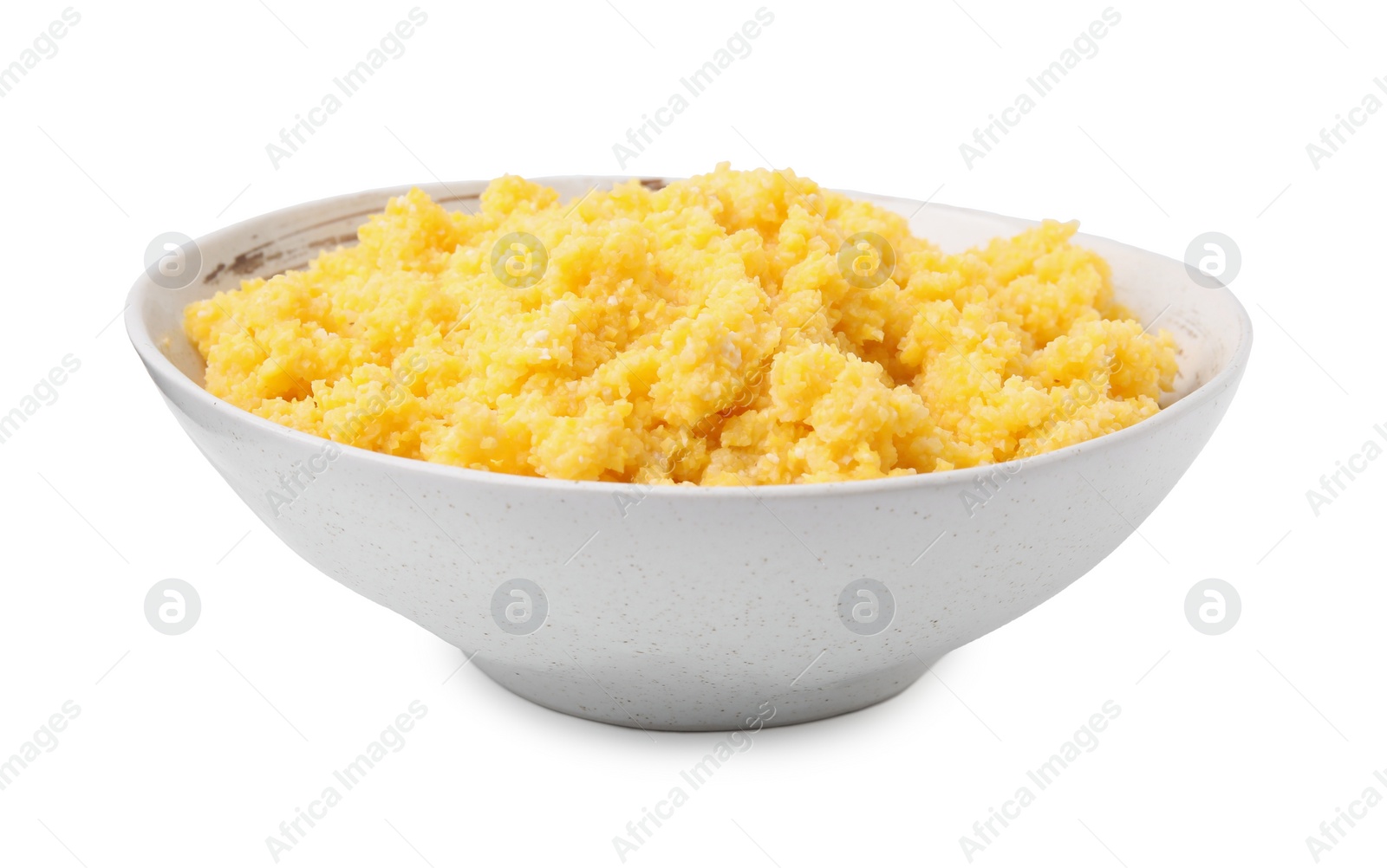 Photo of Tasty cornmeal in bowl isolated on white