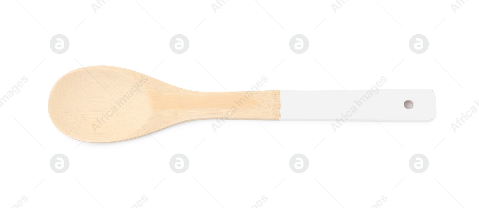 Photo of One wooden spoon isolated on white, top view. Cooking utensil