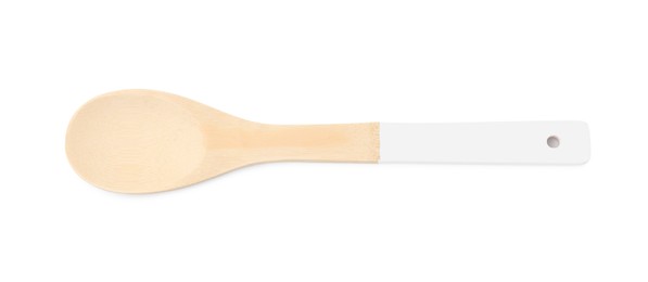 Photo of One wooden spoon isolated on white, top view. Cooking utensil