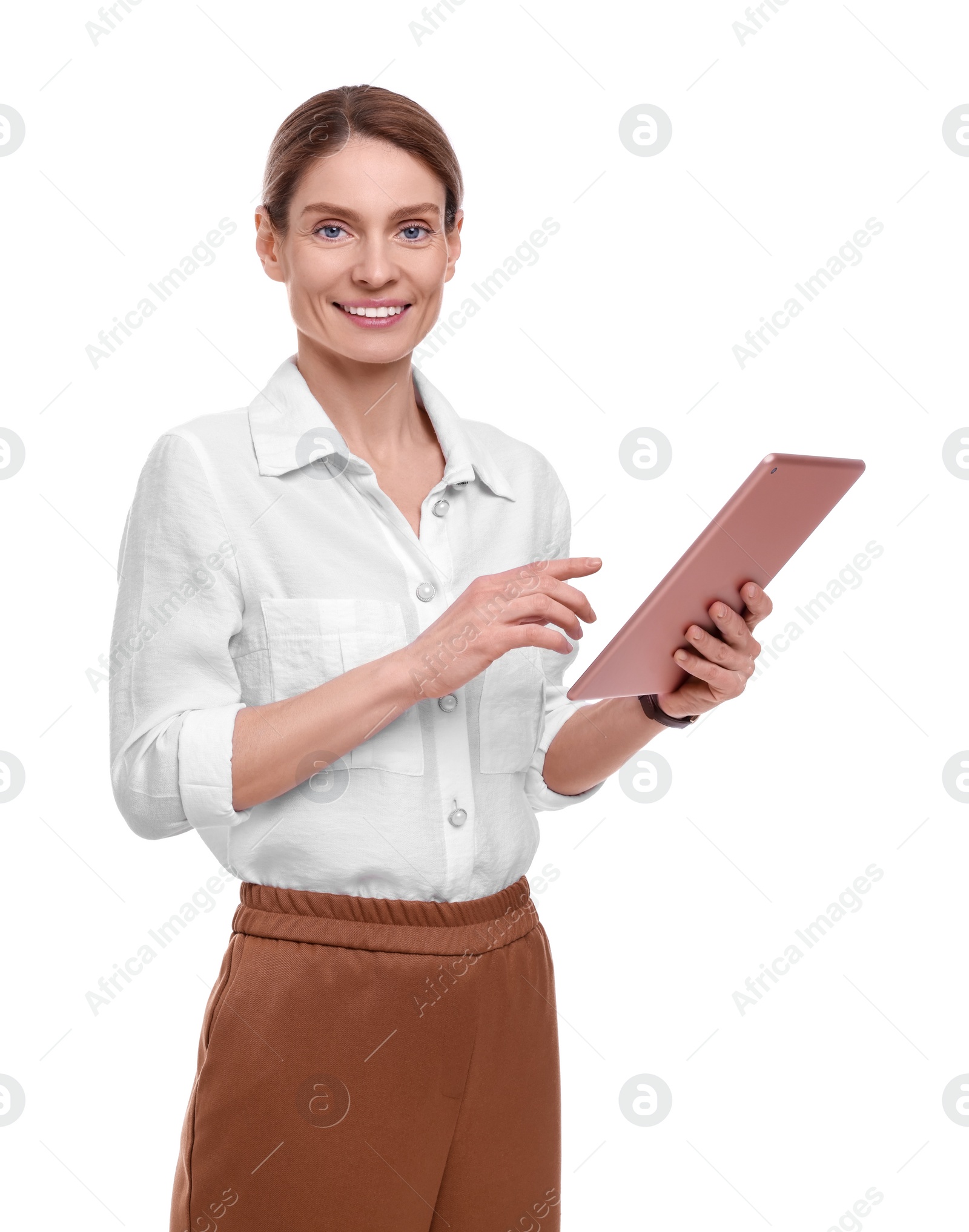 Photo of Beautiful happy businesswoman with tablet on white background