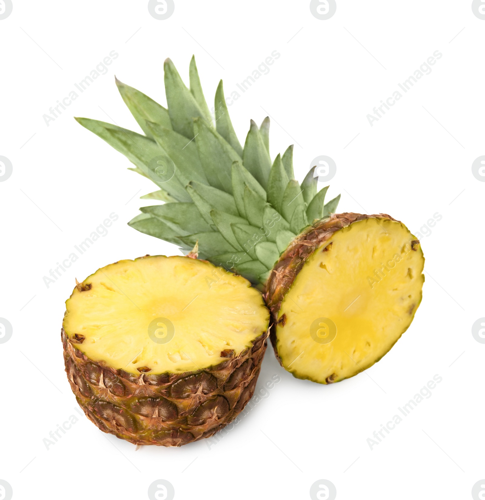 Photo of Cut fresh juicy pineapple on white background