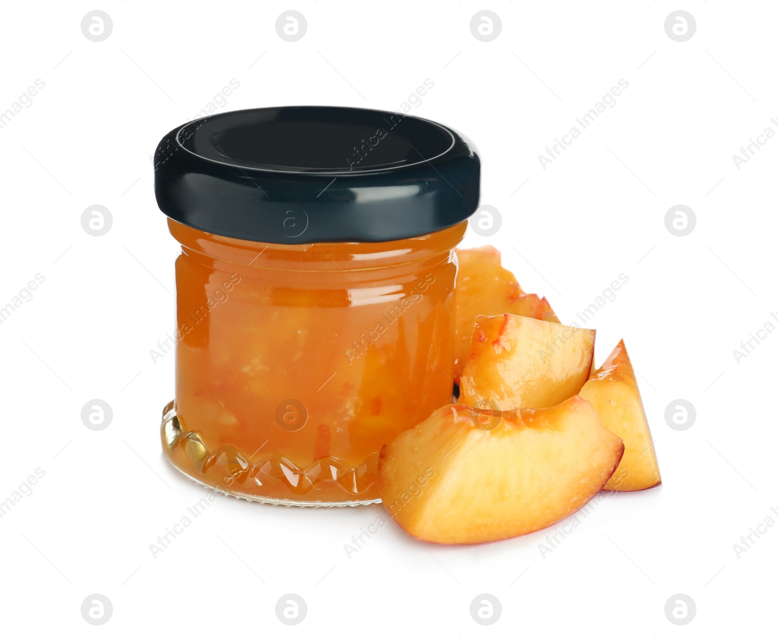 Photo of Jar of sweet peach jam on white background