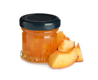 Photo of Jar of sweet peach jam on white background