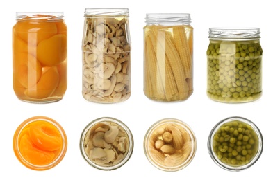 Set of jars with pickled foods on white background, top and side views