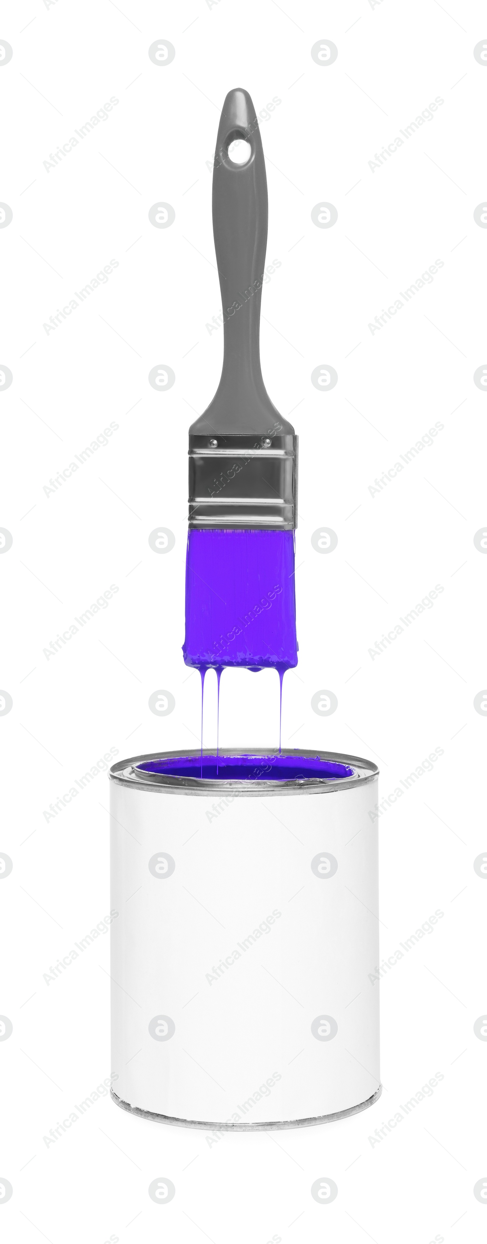 Image of Brush with violet paint in air over can on white background