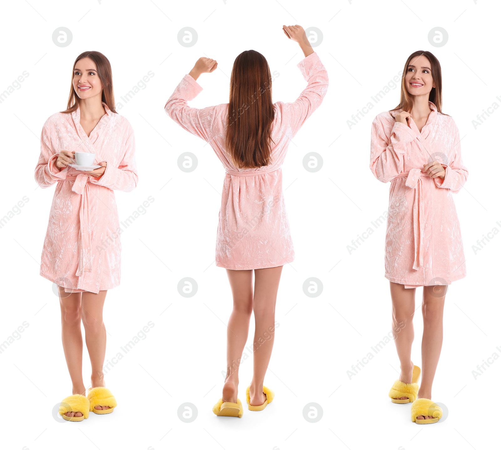 Image of Woman wearing pink bathrobe on white background, collage 