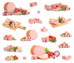 Image of Set of tasty hams on white background