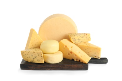 Photo of Wooden board with different kinds of cheese on white background