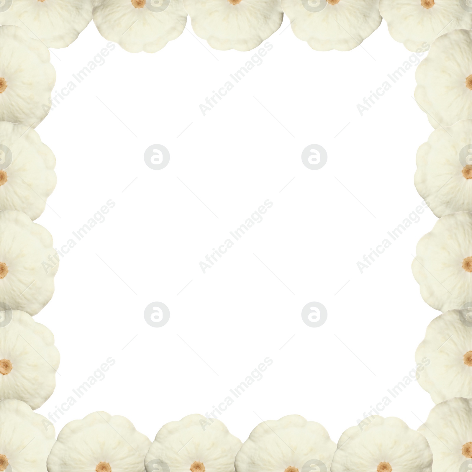 Image of Frame made of fresh ripe pattypan squashes on white background, top view