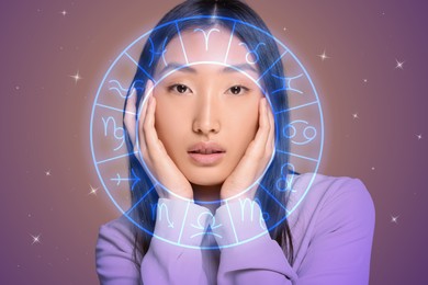 Image of Beautiful young Asian woman and zodiac wheel illustration on color background