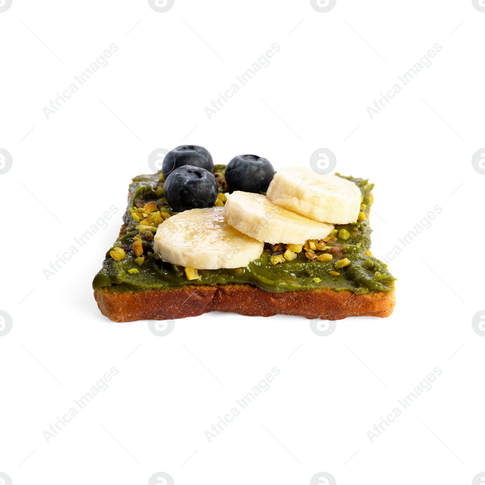 Photo of Toast with tasty pistachio butter, banana slices, blueberries and nuts isolated on white