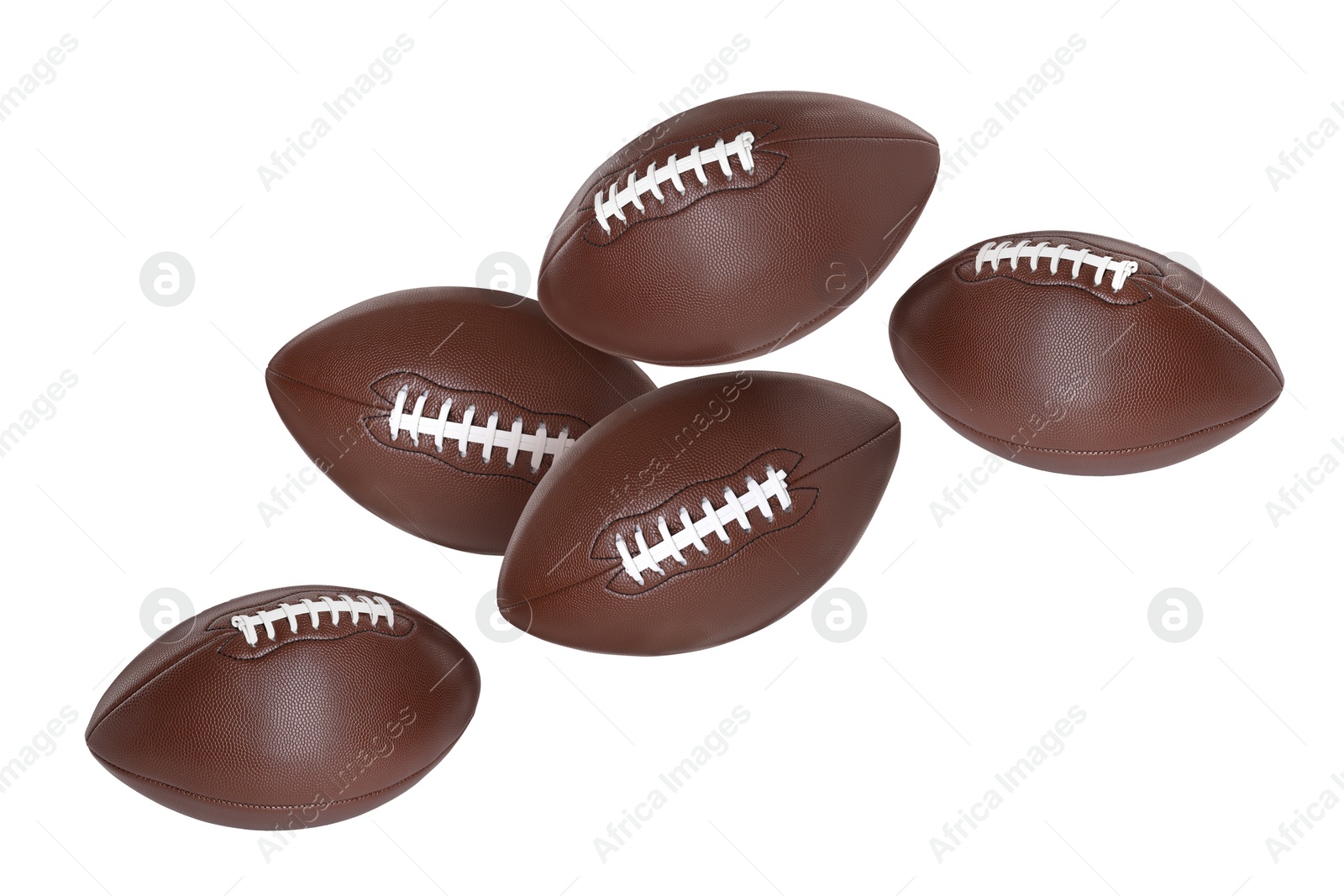 Image of Many American football balls flying on white background