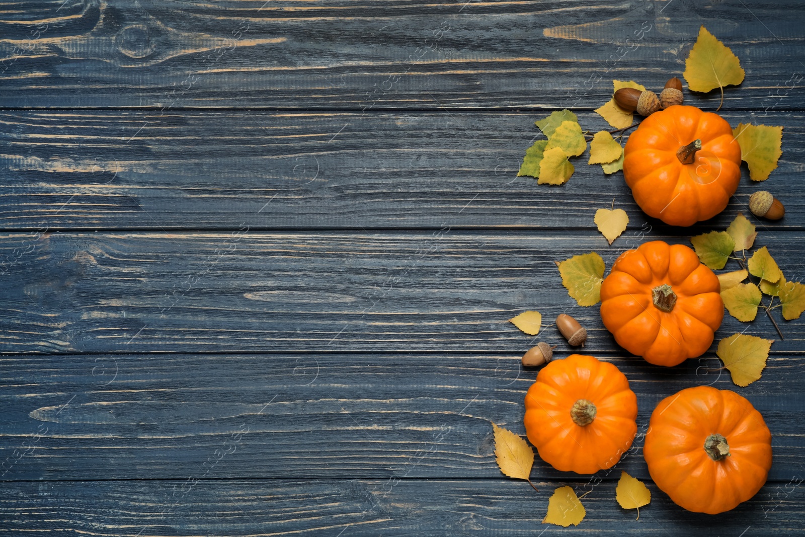 Photo of Flat lay composition with pumpkins and autumn leaves on blue wooden table. Space for text