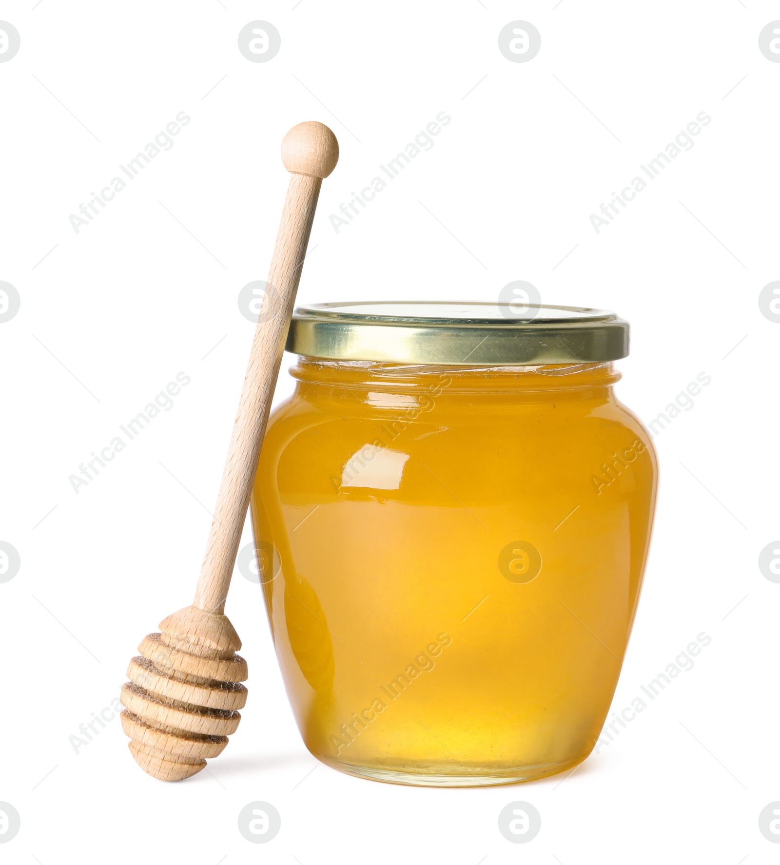 Photo of Tasty natural honey in glass jar and dipper isolated on white