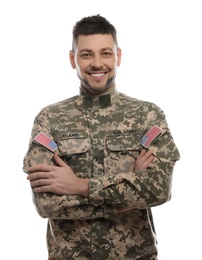 Photo of Portrait of happy cadet isolated on white