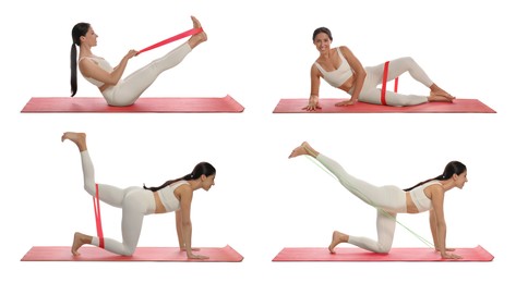 Image of Woman doing sportive exercises with fitness elastic band on white background, collage