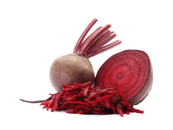 Whole, cut and grated red beets on white background