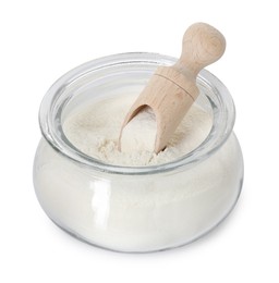 Photo of Baking powder in glass jar and scoop isolated on white