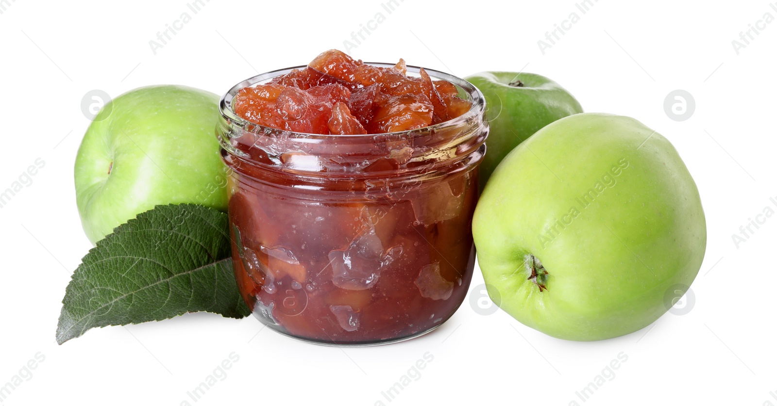 Photo of Glass jar of delicious apple jam and fresh fruits isolated on white