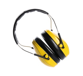 Photo of Protective headphones on white background. Safety equipment