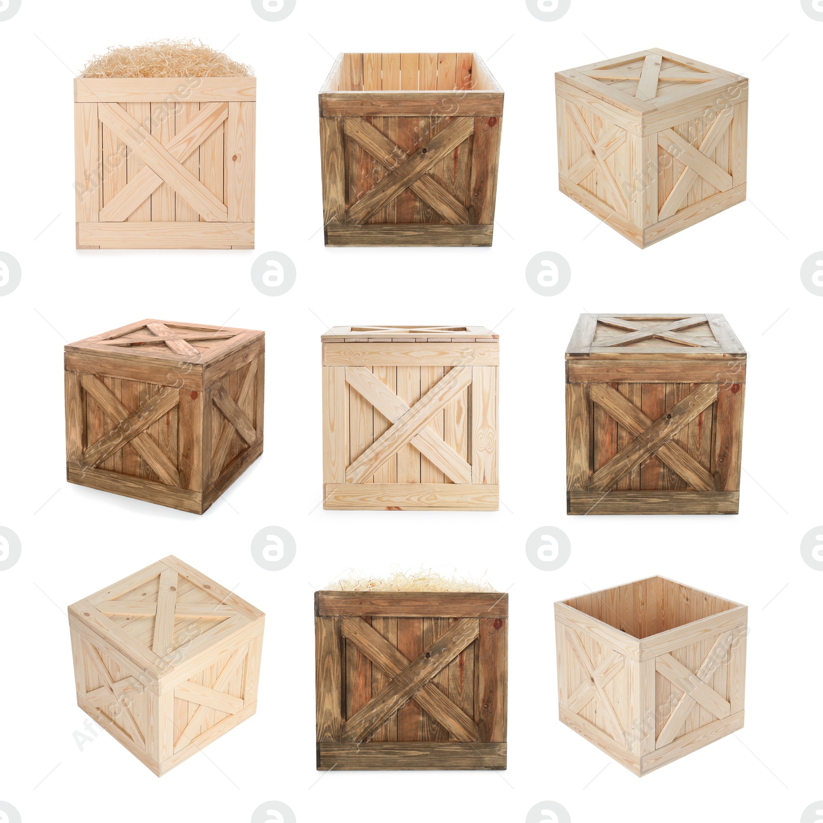 Image of Set of different wooden crates on white background