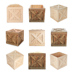 Set of different wooden crates on white background