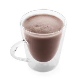 Photo of Delicious cocoa in glass cup on white background