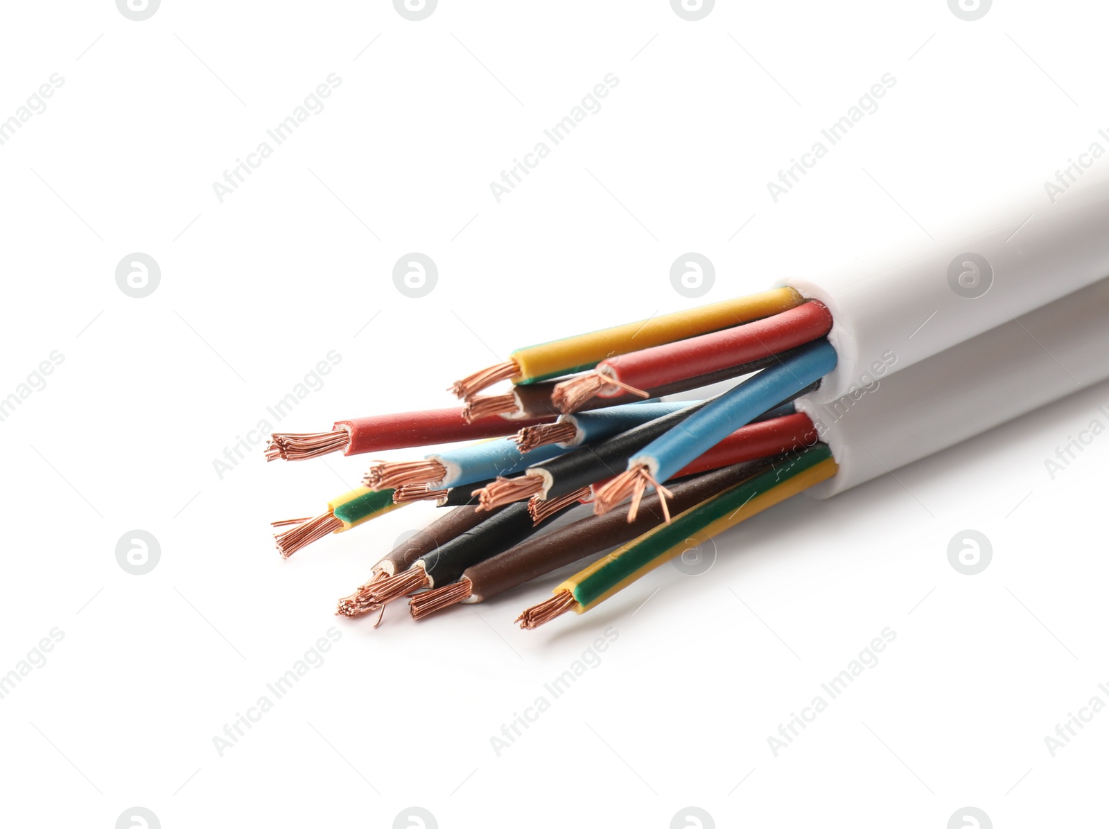 Photo of Cables with stripped wires on white background