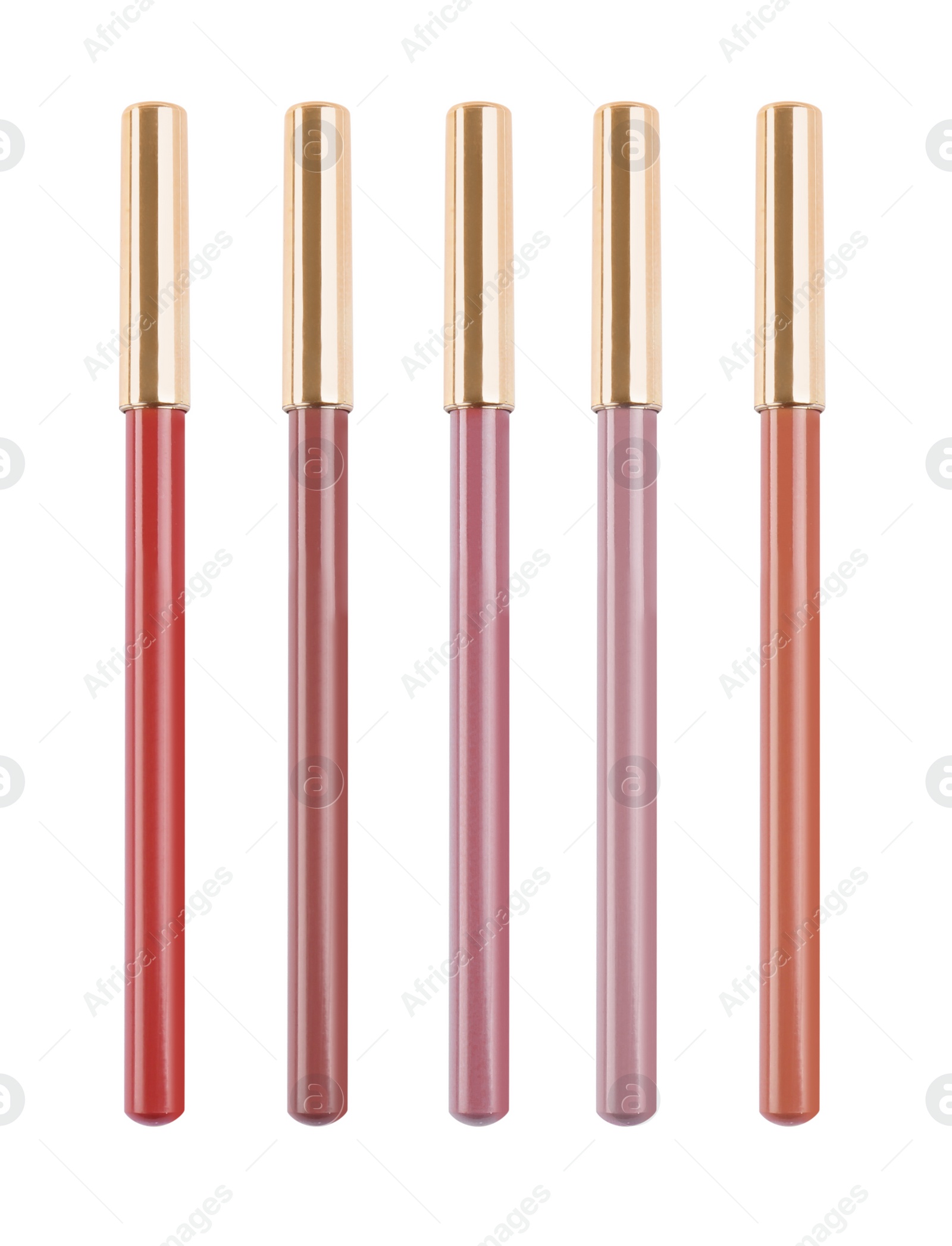 Image of Set with lip pencils of different shades on white background. Decorative cosmetics