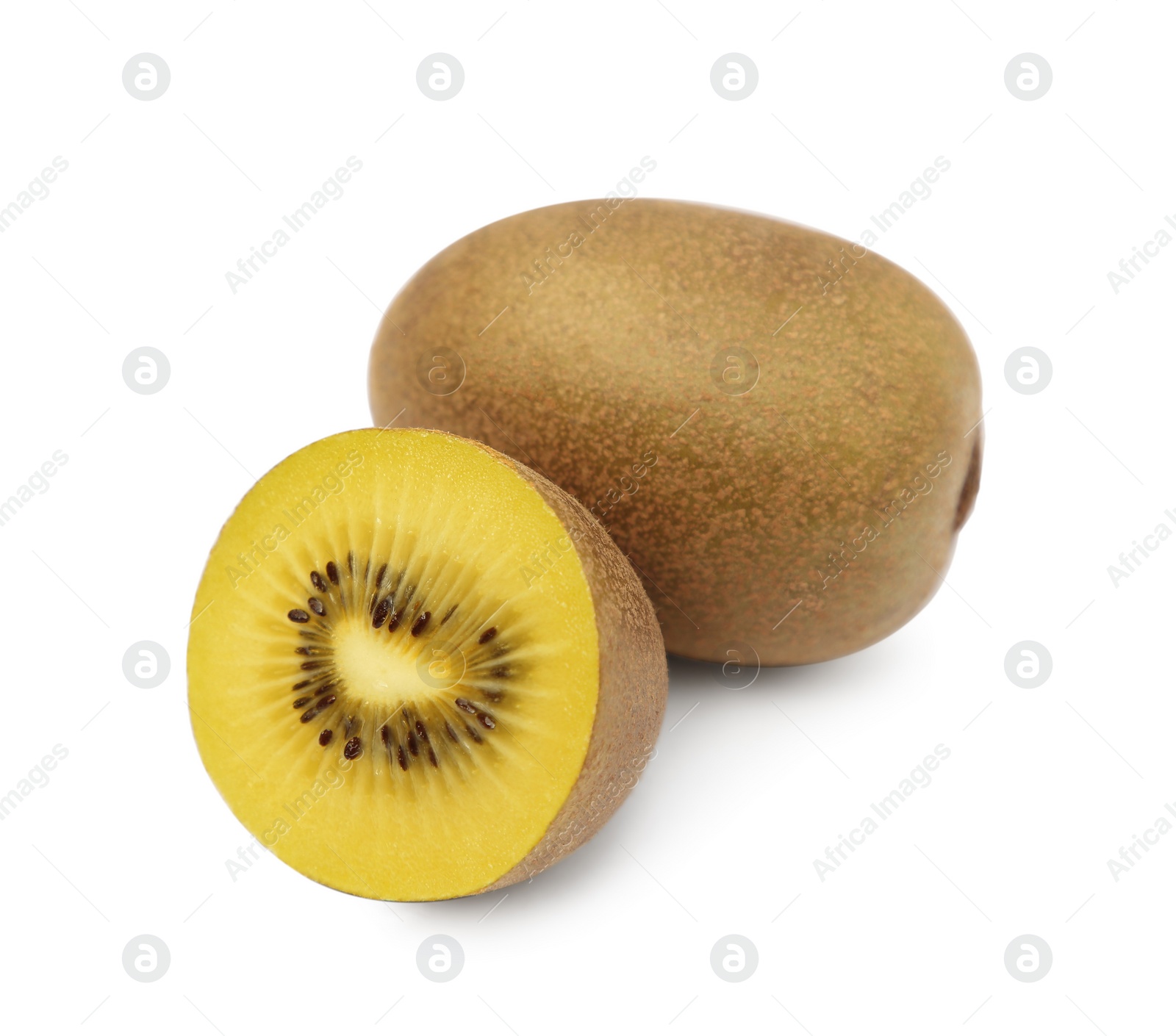 Photo of Whole and cut ripe yellow kiwis on white background