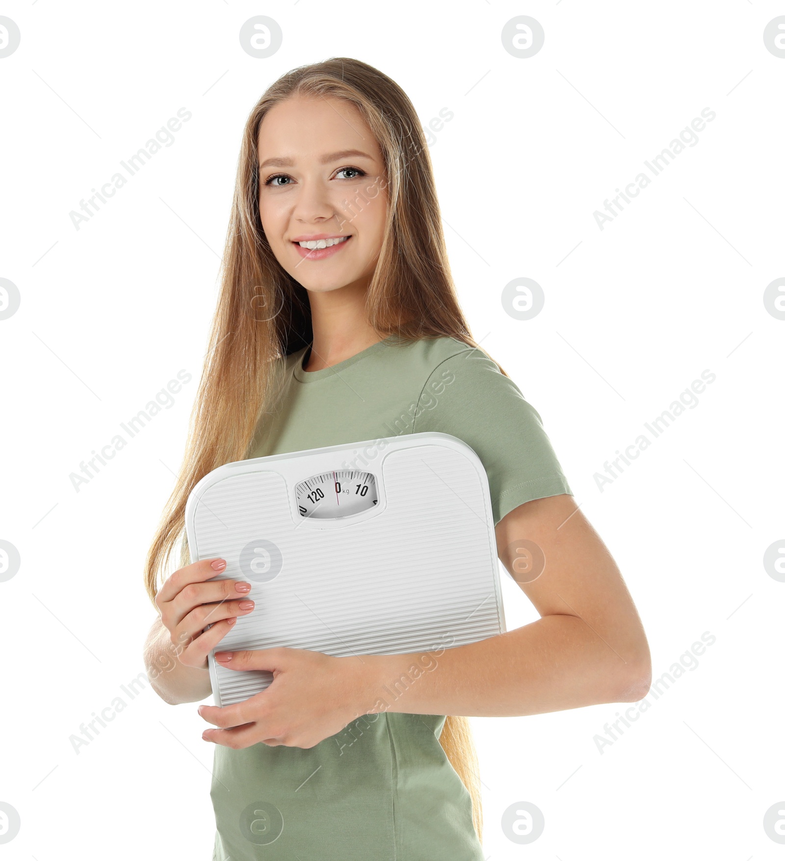Photo of Beautiful young woman with scales on white background. Healthy diet