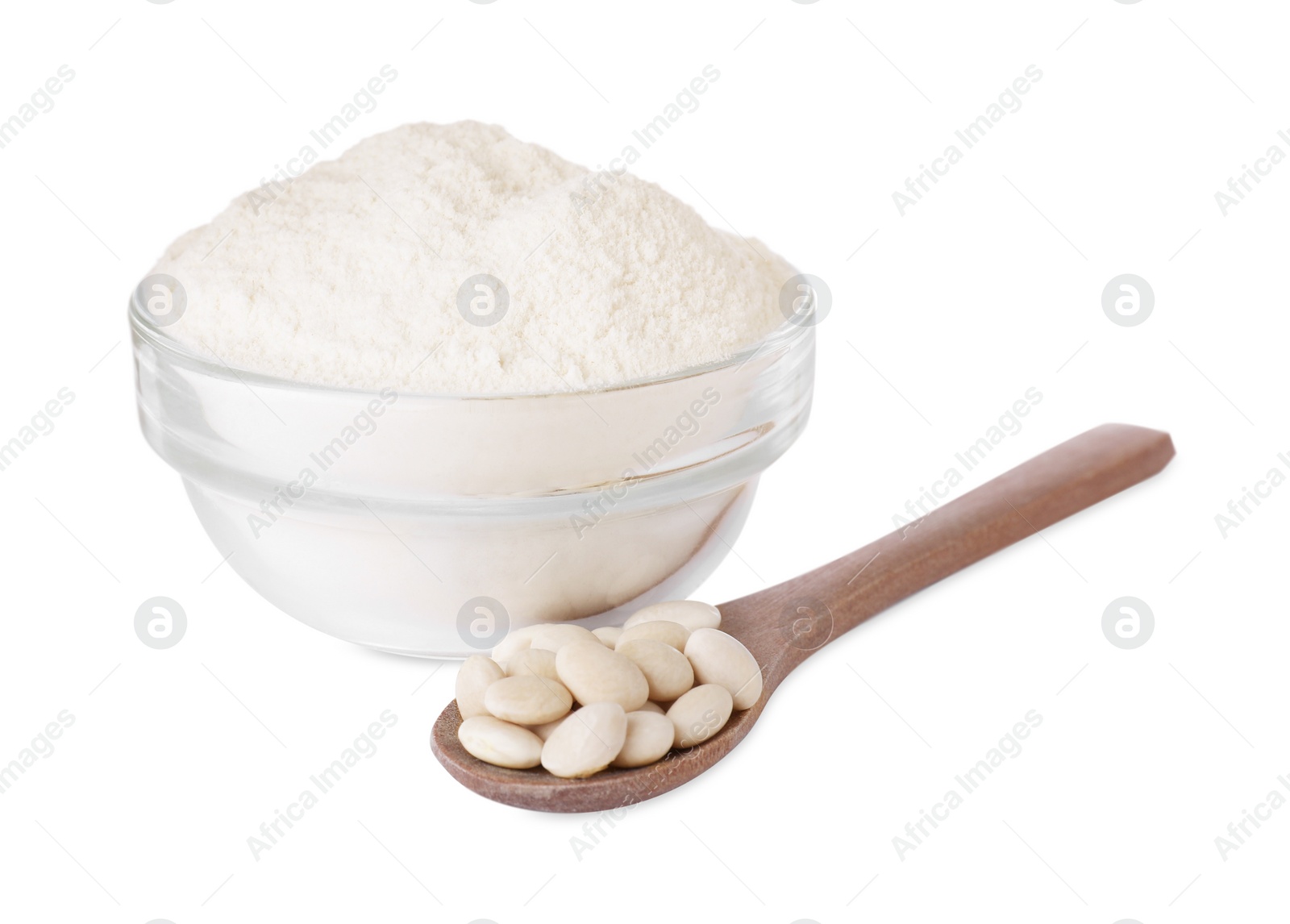 Photo of Flour in bowl and wooden spoon with kidney beans isolated on white