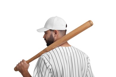 Photo of Man in stylish baseball cap holding bat on white background, back view