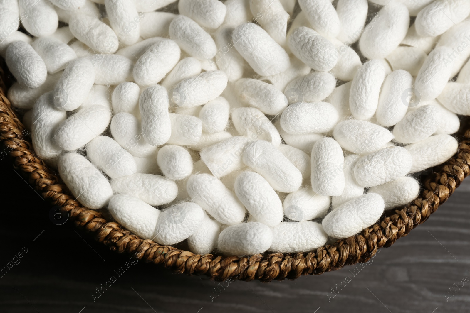 Photo of White silk cocoons in bowl on wooden table, closeup