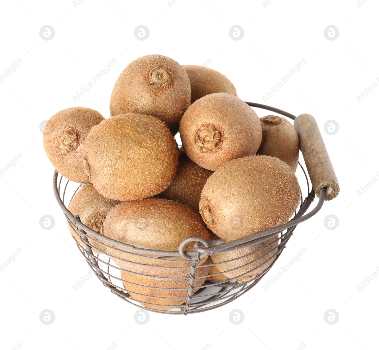 Photo of Whole fresh kiwis in metal basket isolated on white