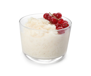 Photo of Delicious rice pudding with redcurrant isolated on white