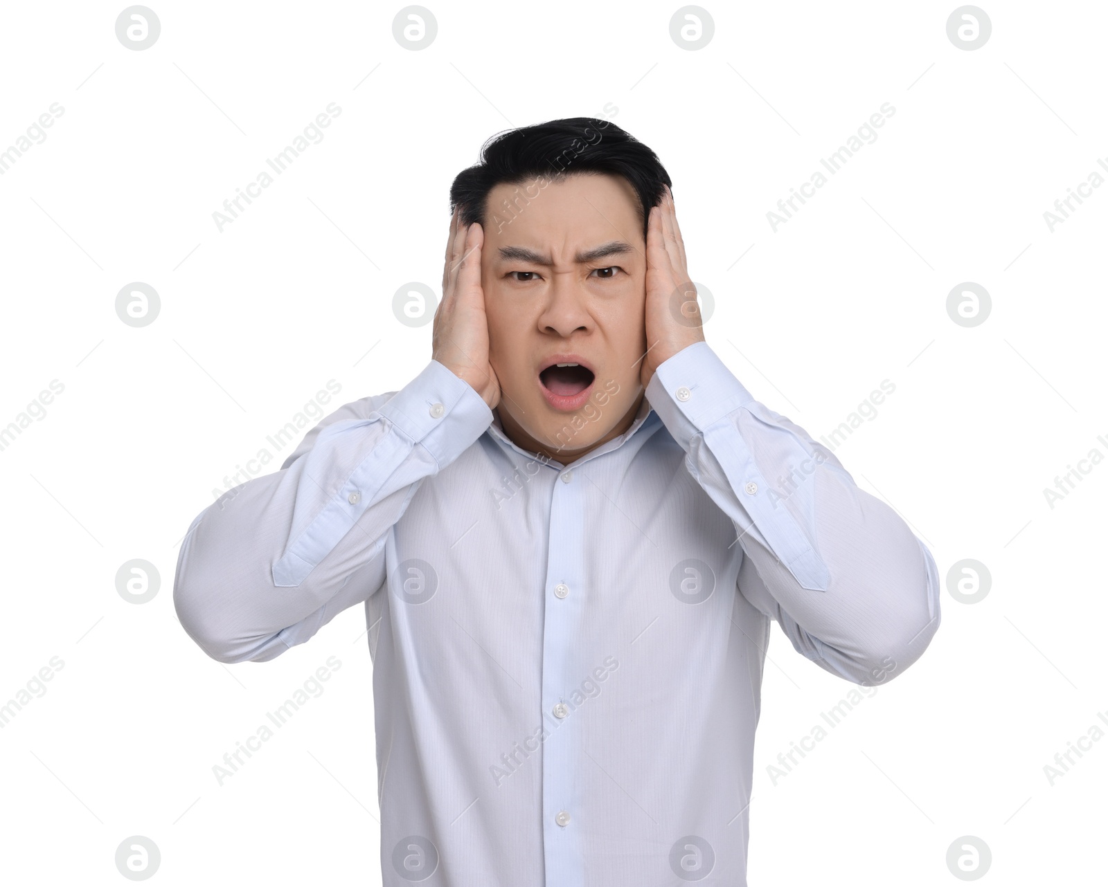Photo of Shocked businessman in formal clothes screaming on white background