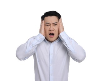 Photo of Shocked businessman in formal clothes screaming on white background