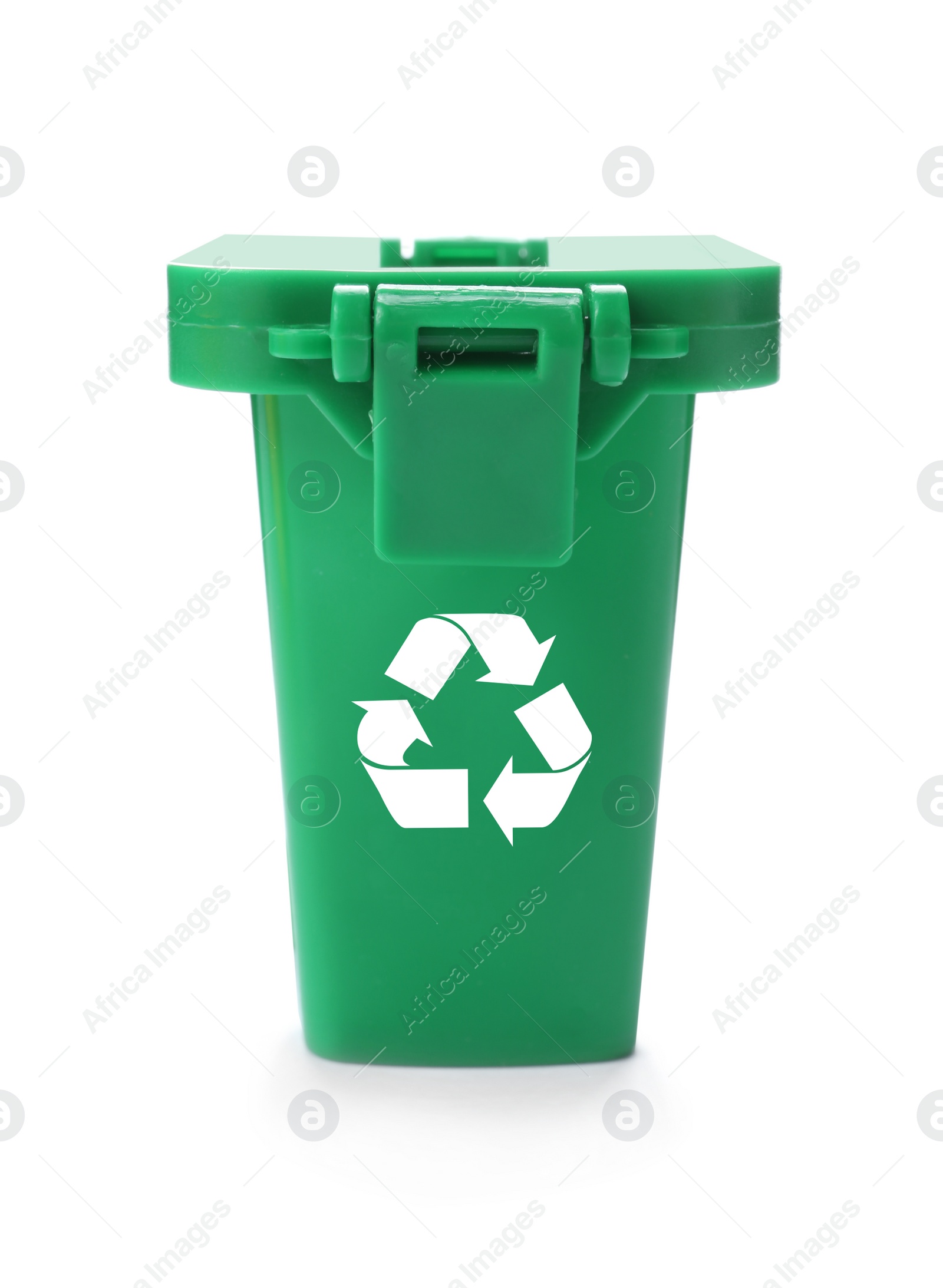 Photo of Trash bin with symbol and words KEEP CITY TIDY isolated on white. Waste recycling concept