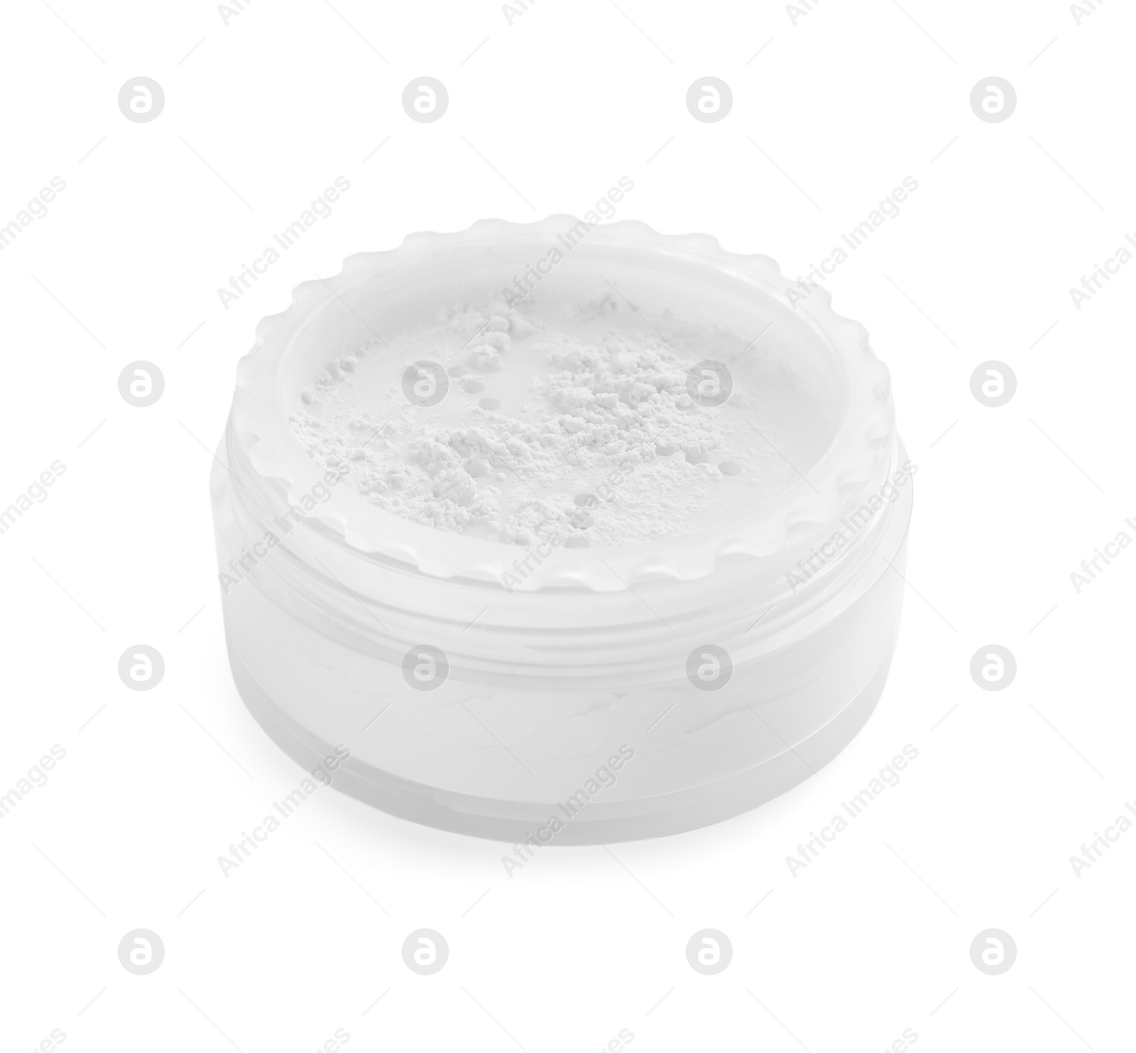 Photo of Rice face powder isolated on white. Natural cosmetic