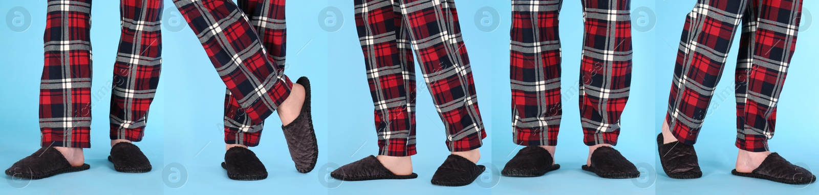 Collage with photos of men wearing stylish slippers on blue background, closeup. Banner design Image of Collage with photos of men wearing stylish slippers on blue background, closeup. Banner design