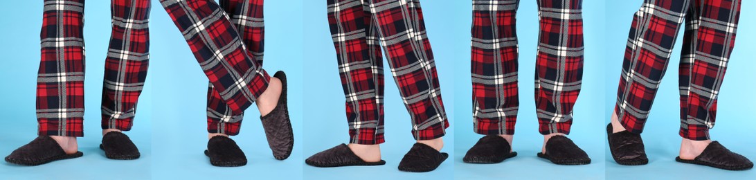 Image of Collage with photos of men wearing stylish slippers on blue background, closeup. Banner design