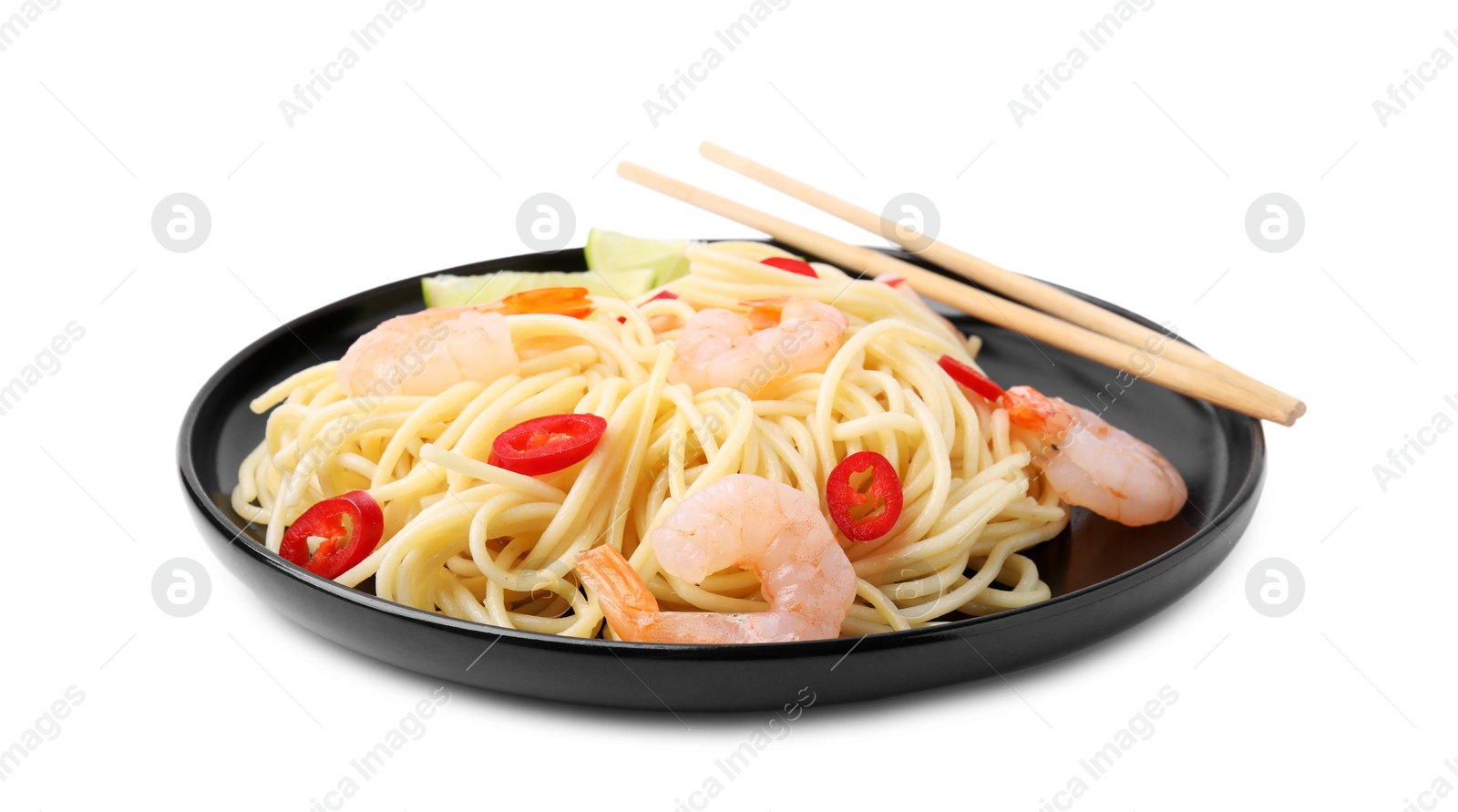 Photo of Tasty spaghetti with shrimps, chili pepper and lime isolated on white