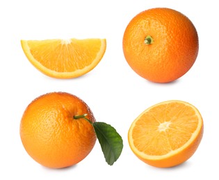 Image of Set with tasty ripe oranges on white background