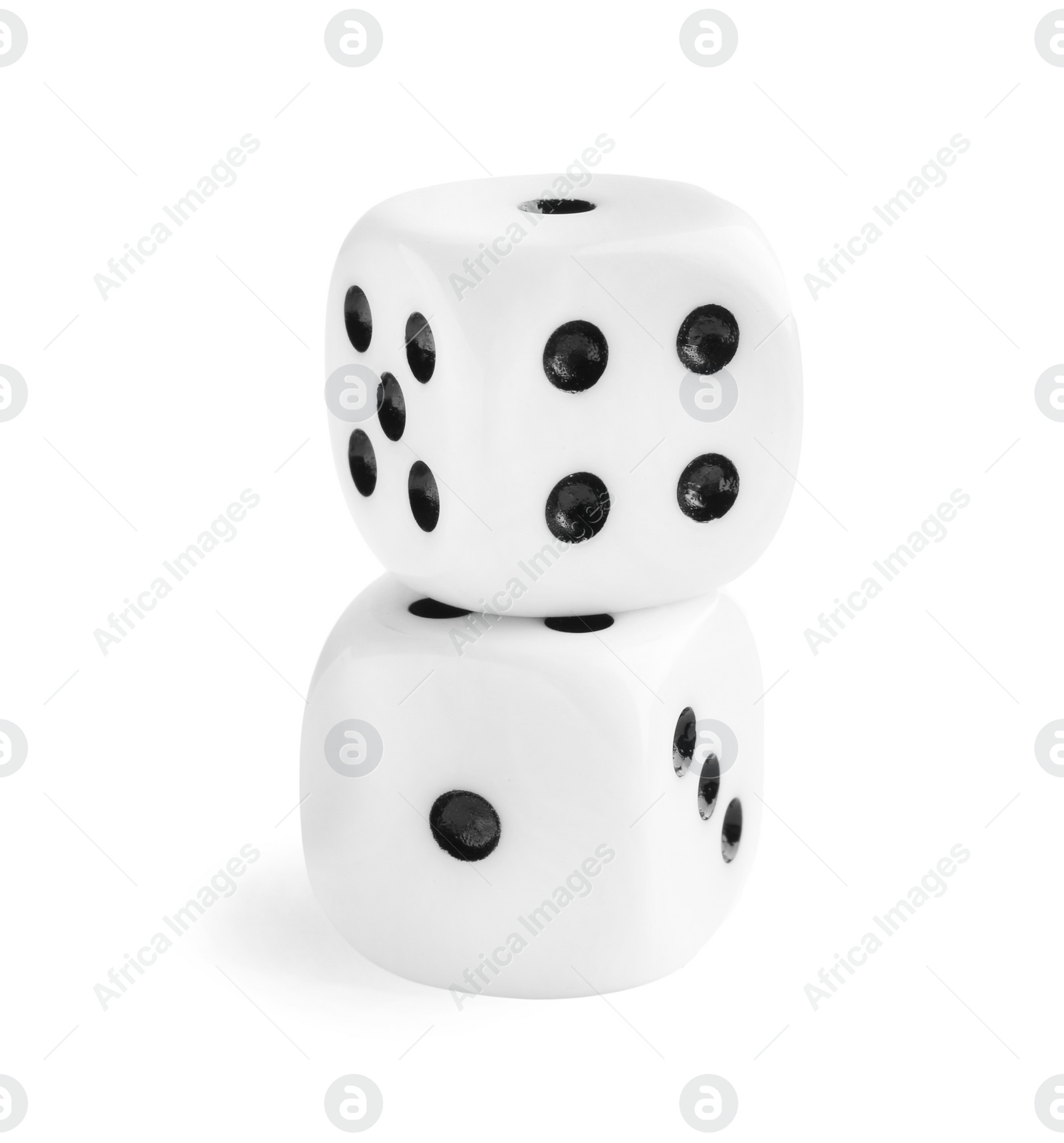 Photo of Two stacked dices isolated on white. Game cubes